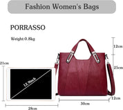 Borsa donna in pelle rossa, PORRASSO, con manici e tracolla regolabile. Dimensioni: 30x12x25 cm, peso 0,8 kg. Adatta per tablet 12,9 pollici.