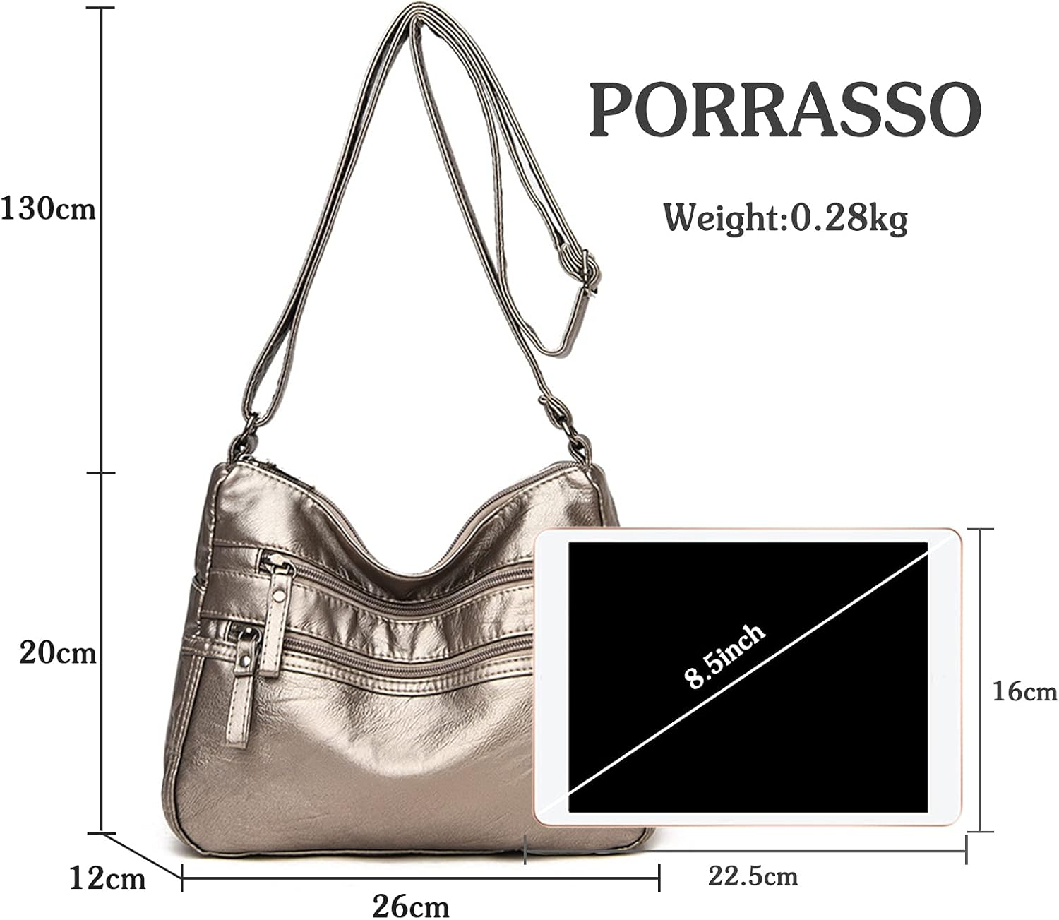 Borsa a tracolla in pelle sintetica argento, leggera 0,28 kg, dimensioni 26x12x20 cm, con tasca frontale e spazio per tablet 8,5 pollici.