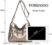 Borsa a tracolla in pelle sintetica argento, leggera 0,28 kg, dimensioni 26x12x20 cm, con tasca frontale e spazio per tablet 8,5 pollici.