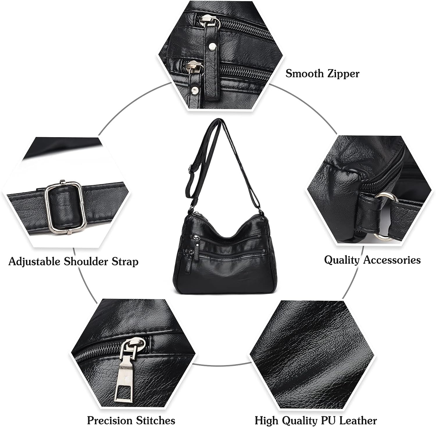 Borsa a tracolla in pelle PU nera con cerniera liscia, accessori di qualità, cuciture precise e tracolla regolabile. Accessorio moda elegante.
