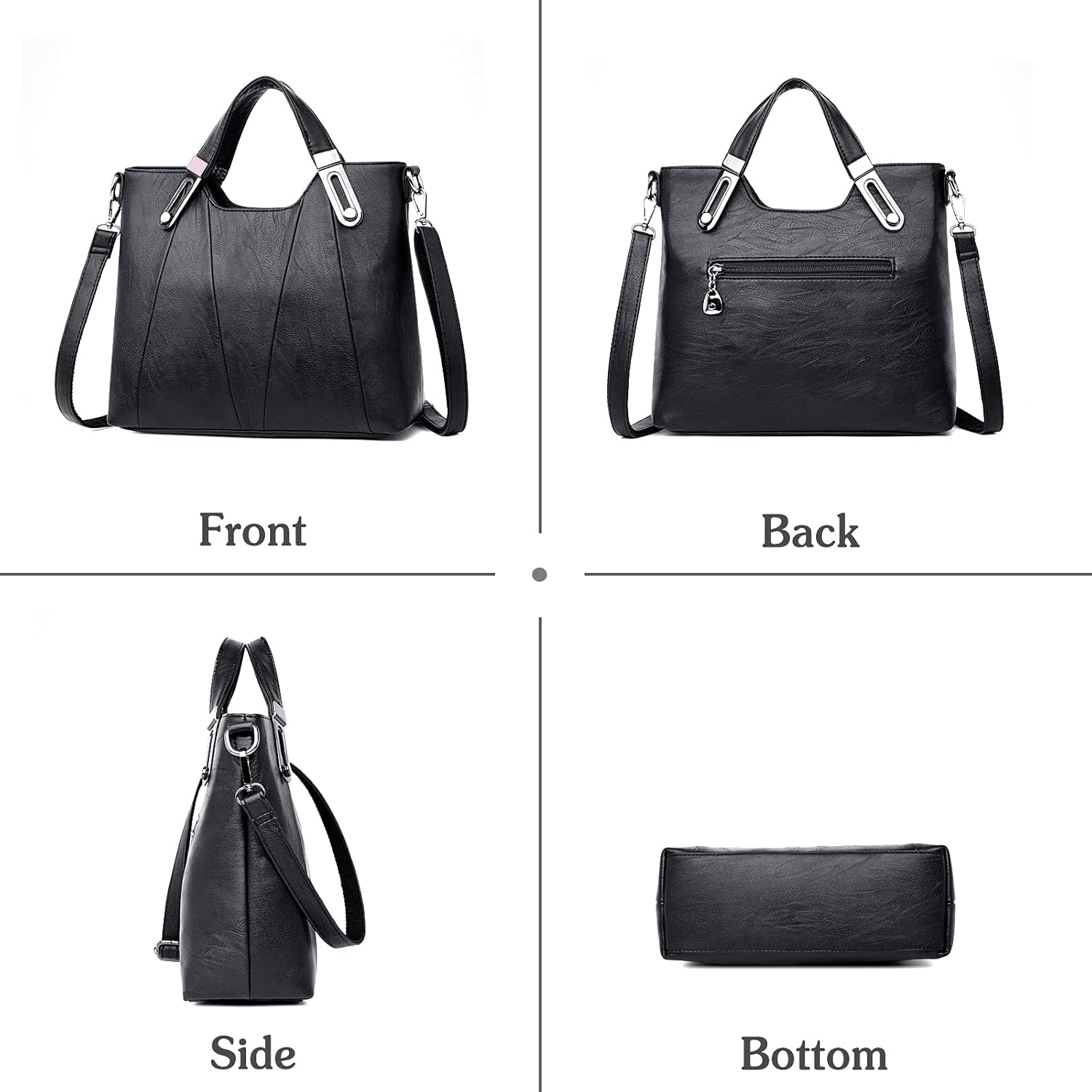 Borsa a mano in pelle nera, vista frontale, posteriore, laterale e inferiore. Design elegante, tasca con zip, manici robusti. Accessorio moda donna.