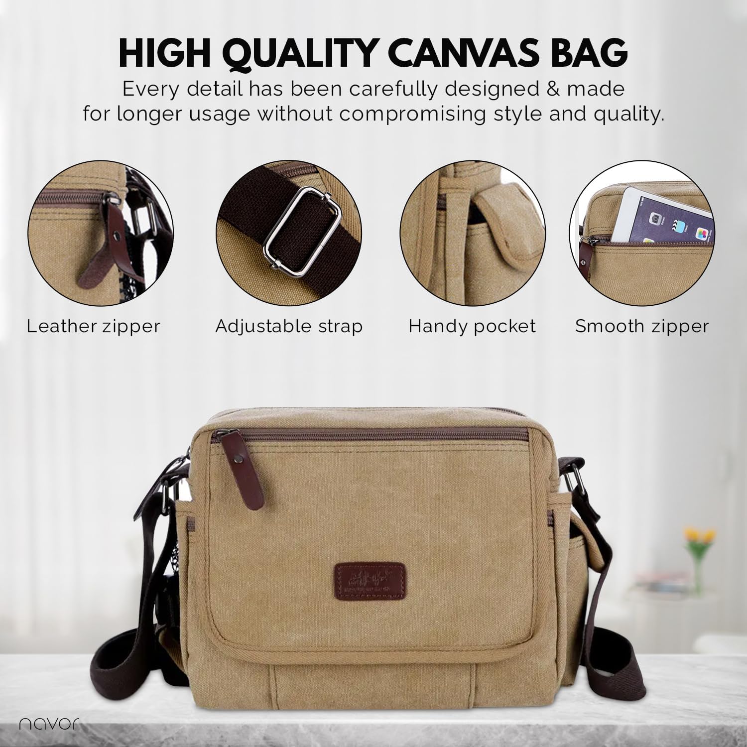 Borsa a tracolla in tela di alta qualità con cerniera in pelle, tasca pratica, tracolla regolabile e cerniera liscia. Design elegante e resistente.