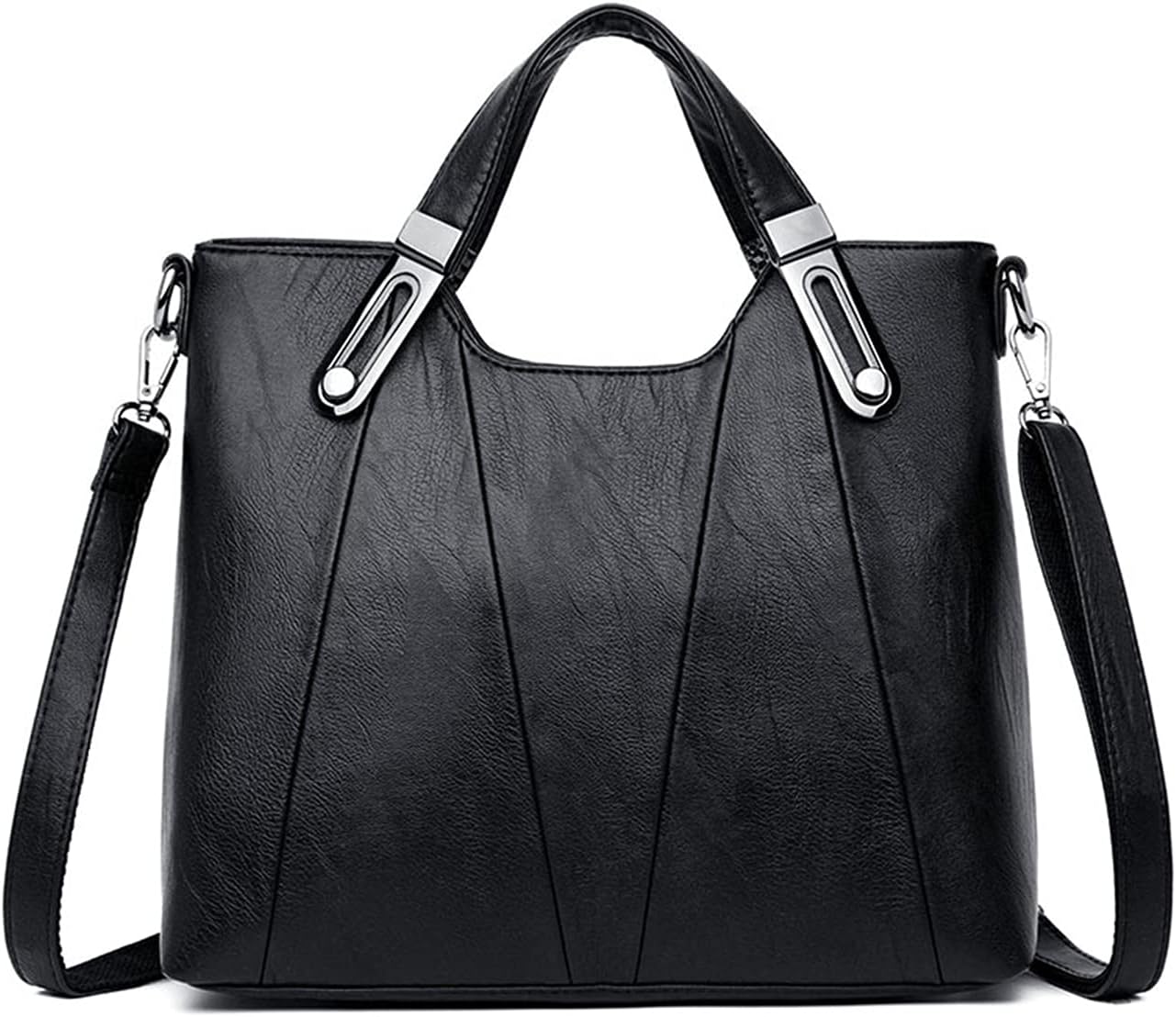 Borsa a mano in pelle nera elegante con tracolla regolabile, design moderno, dettagli metallici, perfetta per moda donna e uso quotidiano.