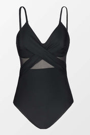 Costume intero nero con spalline sottili, design incrociato e inserti in rete trasparente. Elegante e moderno, perfetto per la spiaggia o la piscina.