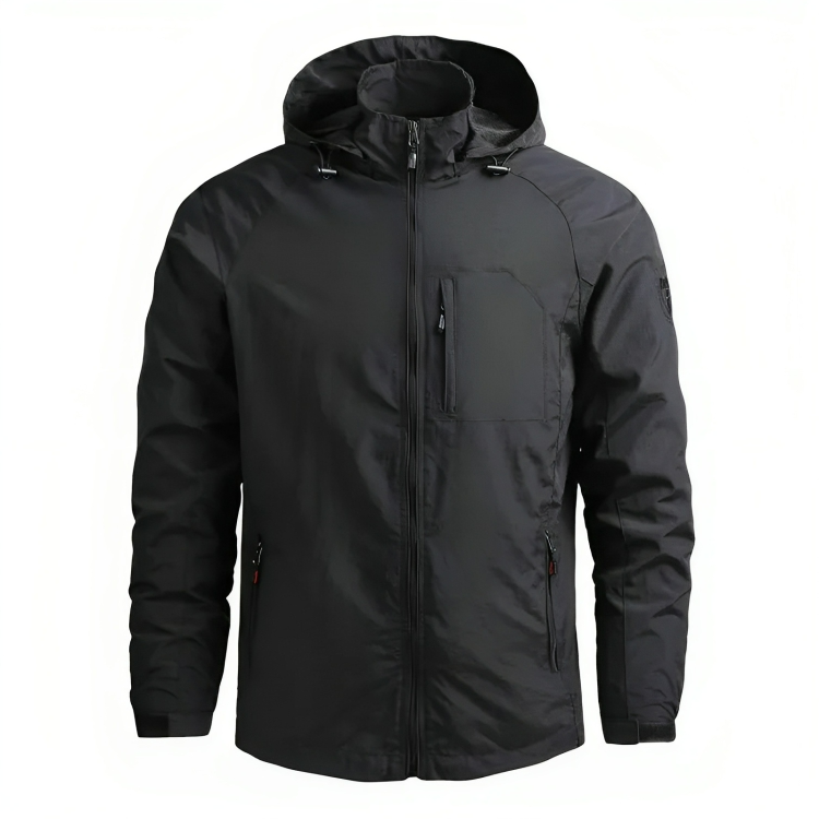 Giacca impermeabile nera con cappuccio, chiusura a zip, tasche laterali, ideale per outdoor e sport. Design moderno e resistente.