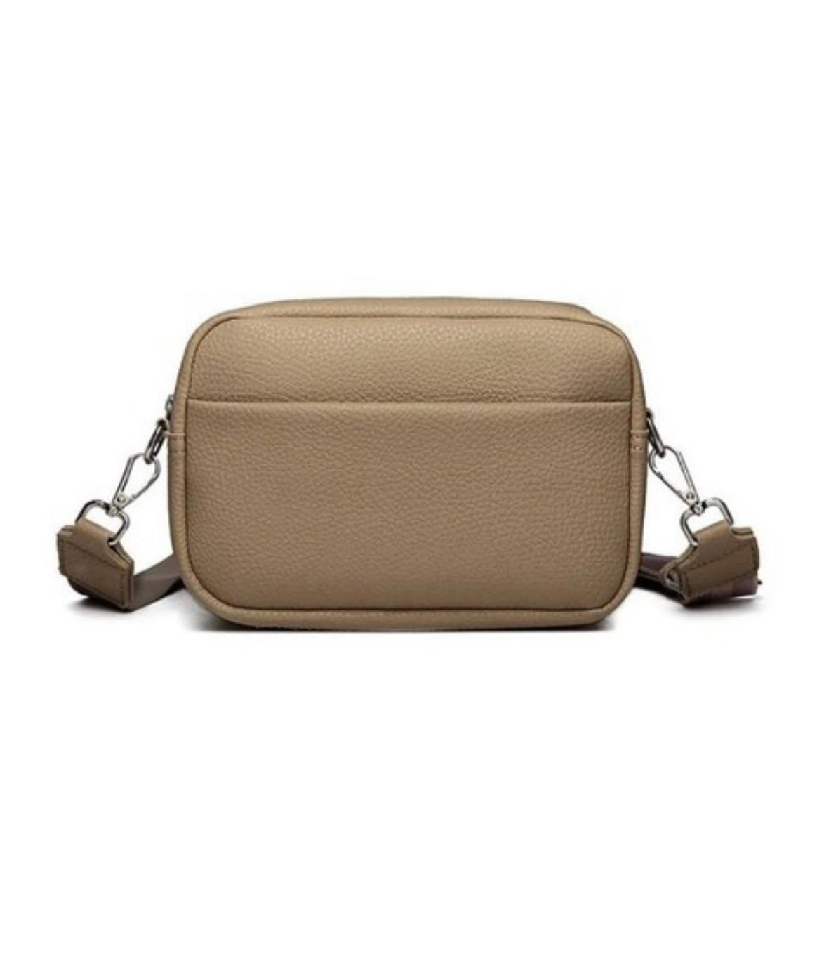 Borsa a tracolla in pelle beige, design rettangolare, chiusura con zip, tracolla regolabile, ideale per moda donna, accessorio elegante e pratico.