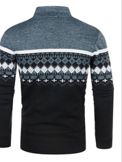 Maglione uomo invernale, motivo geometrico nordico, colori nero e grigio, maniche lunghe, collo alto, stile casual elegante.