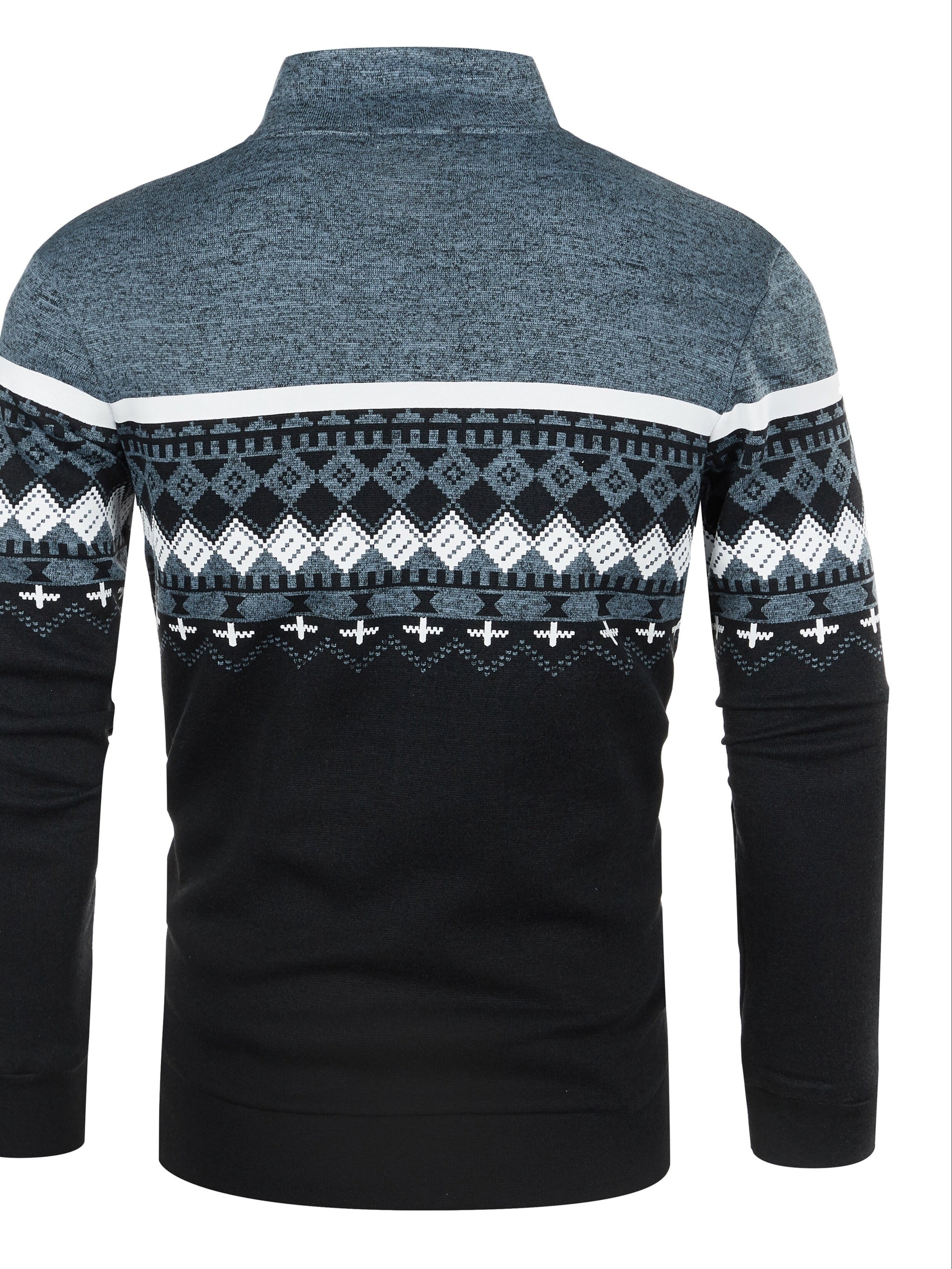 Maglione uomo invernale, motivo geometrico nordico, colori nero e grigio, maniche lunghe, collo alto, stile casual elegante.