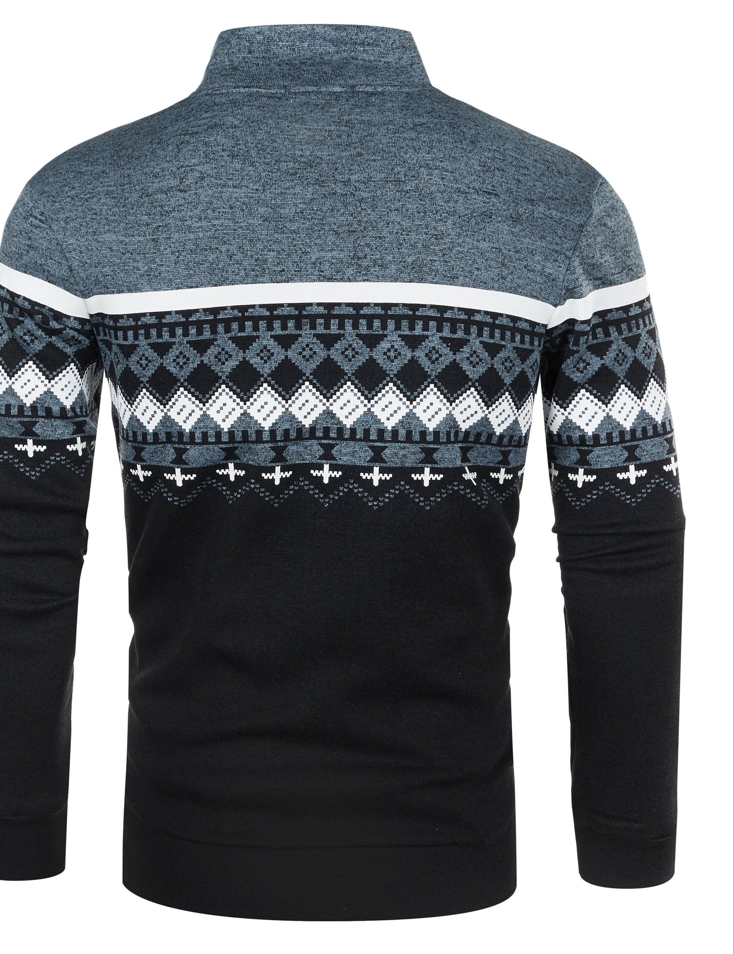 Maglione uomo invernale, motivo geometrico nordico, colori nero e grigio, maniche lunghe, collo alto, tessuto caldo e morbido, moda casual.