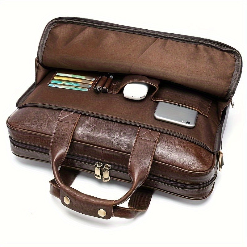 Borsa ventiquattrore in pelle marrone con scomparti organizzati, contenente penne, mouse, smartphone. Ideale per lavoro e viaggi d'affari.