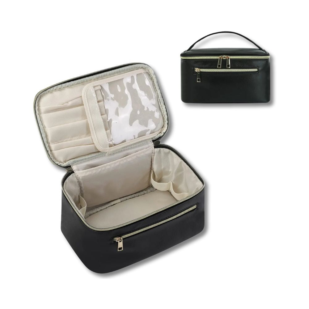 Borsa cosmetica nera in pelle sintetica con cerniera, tasche interne, manico superiore. Ideale per trucco e accessori da viaggio.