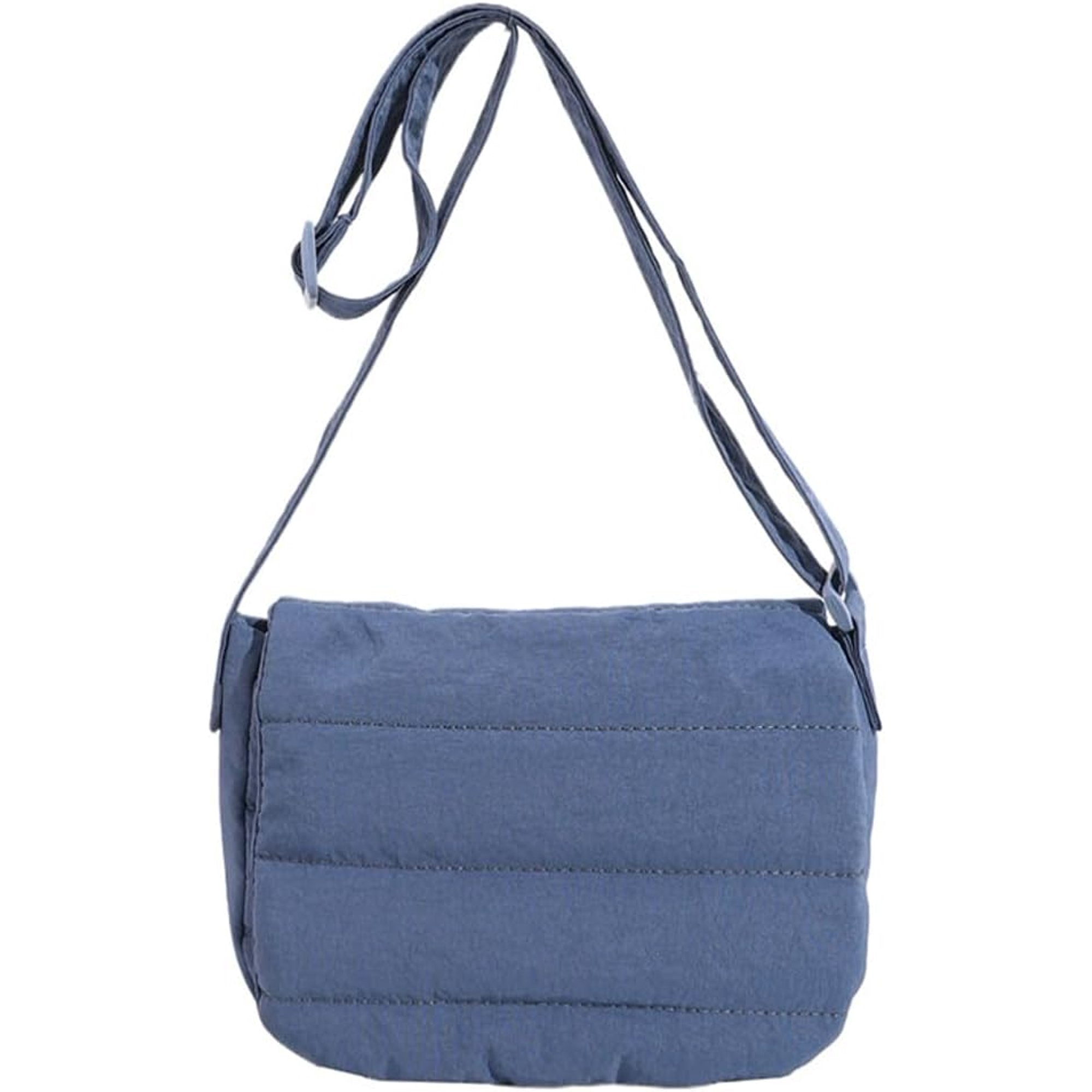 Borsa a tracolla blu in tessuto trapuntato, design casual, chiusura a patta, ideale per uso quotidiano. Accessorio moda donna versatile e leggero.