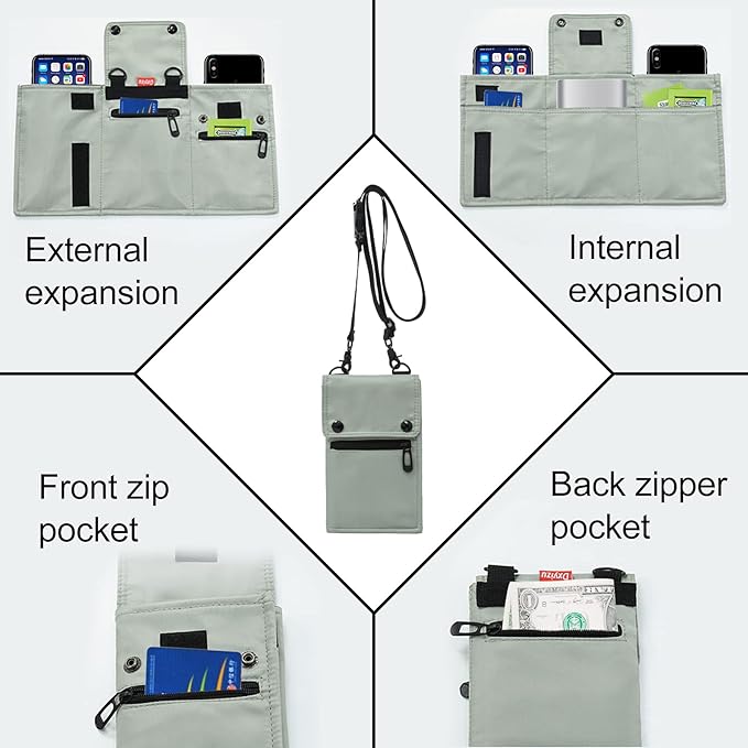 Borsa a tracolla multifunzione grigia con tasche espandibili, scomparti interni ed esterni, tasca frontale con zip, ideale per smartphone e accessori.