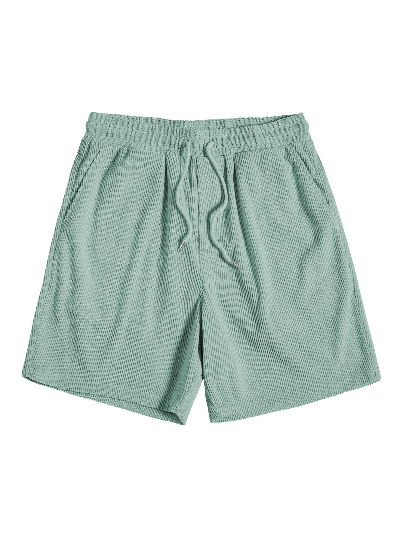 Pantaloncini corti verde menta in tessuto a coste, con elastico in vita e laccetti regolabili. Design casual estivo, ideale per uomo.