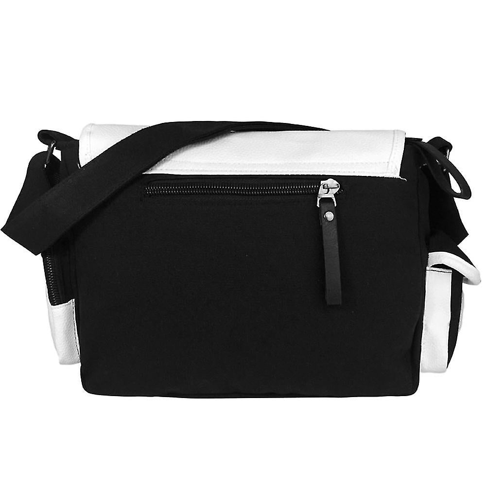 Borsa a tracolla nera e bianca in tessuto, con cerniera frontale e tasche laterali. Design moderno, ideale per uso quotidiano e viaggi.