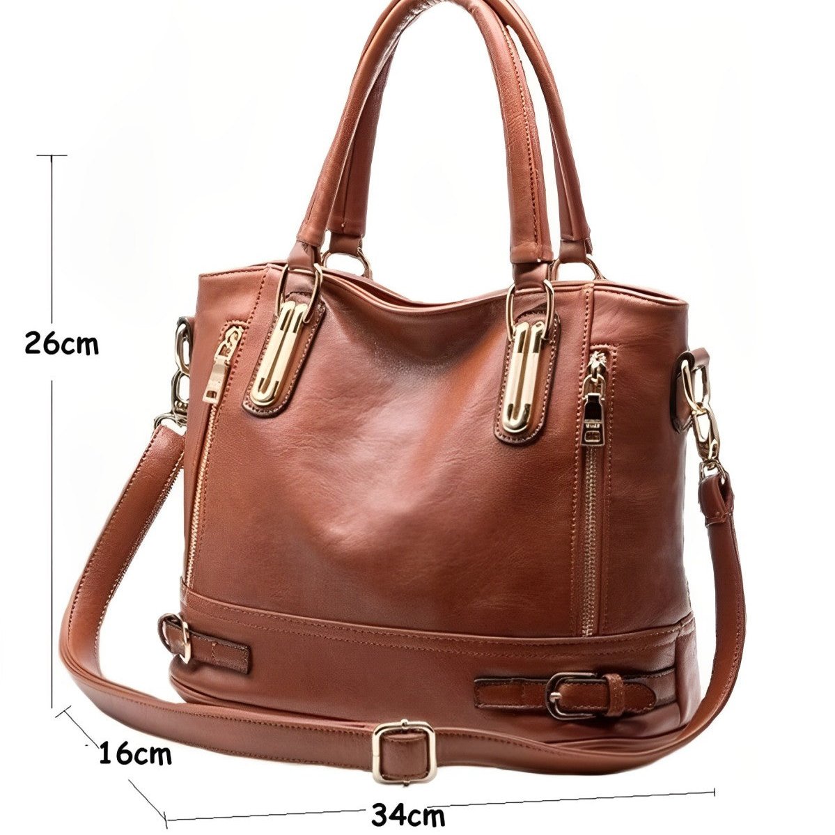 Borsa a mano in pelle marrone con tracolla regolabile, dettagli in metallo dorato, dimensioni 34x16x26 cm, elegante e spaziosa per ogni occasione.