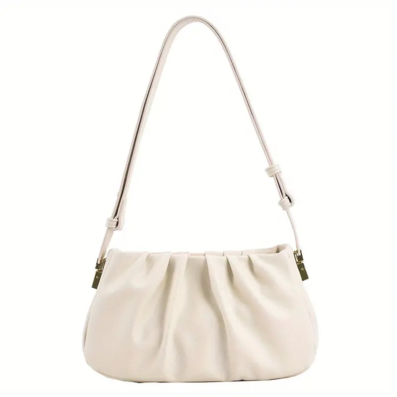 Borsa a spalla bianca in pelle, design elegante con pieghe, chiusura a zip, ideale per moda femminile, accessorio di tendenza.