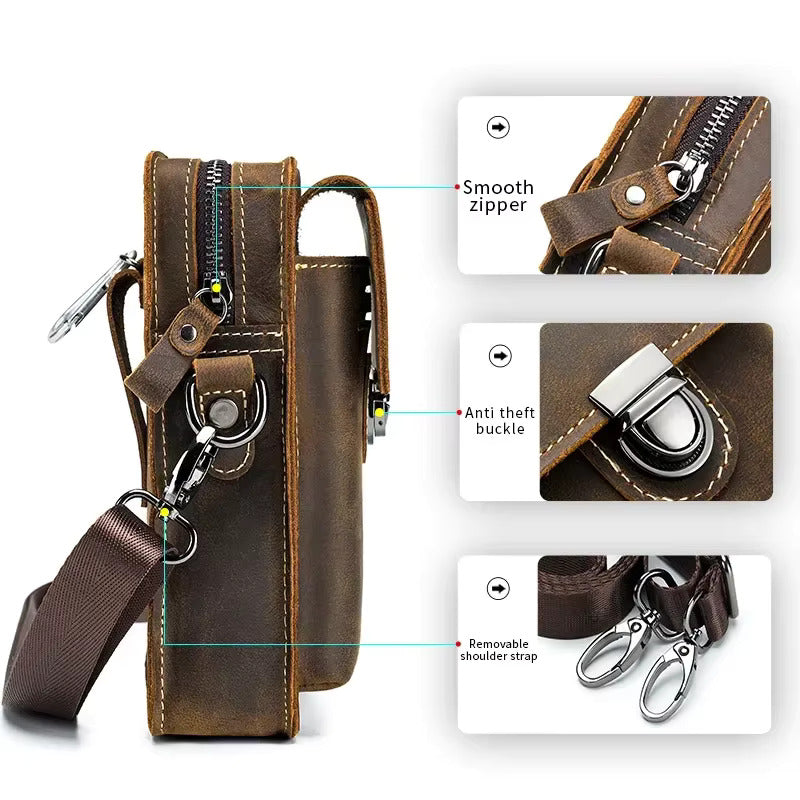 Borsa a tracolla in pelle marrone con cerniera liscia, fibbia antifurto e tracolla rimovibile. Design elegante e funzionale per uomo e donna.