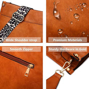 Borsa a tracolla in pelle marrone con cinghia leopardata, cerniera liscia, hardware dorato, materiali premium resistenti all'acqua.