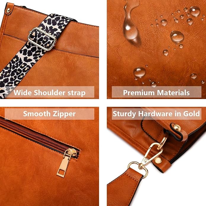 Borsa a tracolla in pelle marrone con cinghia leopardata, cerniera liscia, hardware dorato, materiali premium resistenti all'acqua.