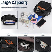 Borsa a tracolla nera multi-tasca, grande capacità, con oggetti come smartphone, portafoglio, chiavi, penne e accessori tecnologici.