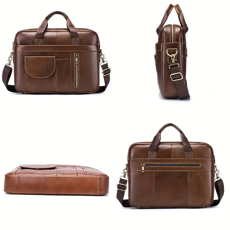 Borsa a tracolla in pelle marrone per uomo, design elegante con tasche multiple, chiusura a zip, ideale per lavoro e viaggio.