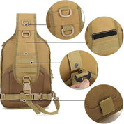 Zaino monospalla tattico beige con tasche multiple, anelli a D, scomparto per smartphone e chiusura a fibbia. Ideale per escursioni e attività outdoor.