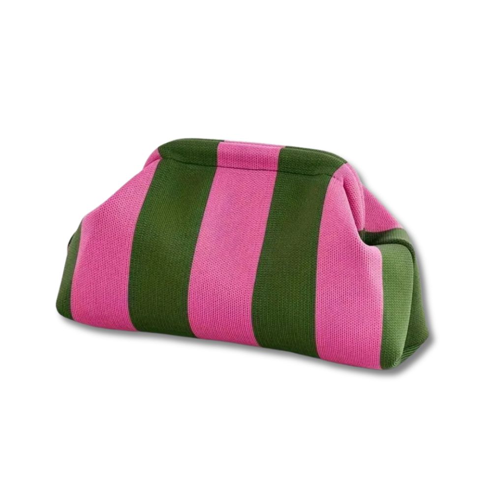 Borsa a righe rosa e verde, design moderno, tessuto morbido, accessorio moda donna, ideale per shopping e uscite casual.