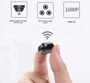 Mini telecamera spia wireless, visione notturna a infrarossi, risoluzione 1080P, monitoraggio remoto smartphone, dimensioni compatte, alta definizione.