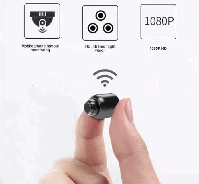 Mini telecamera spia wireless, visione notturna a infrarossi, risoluzione 1080P, monitoraggio remoto smartphone, dimensioni compatte, alta definizione.