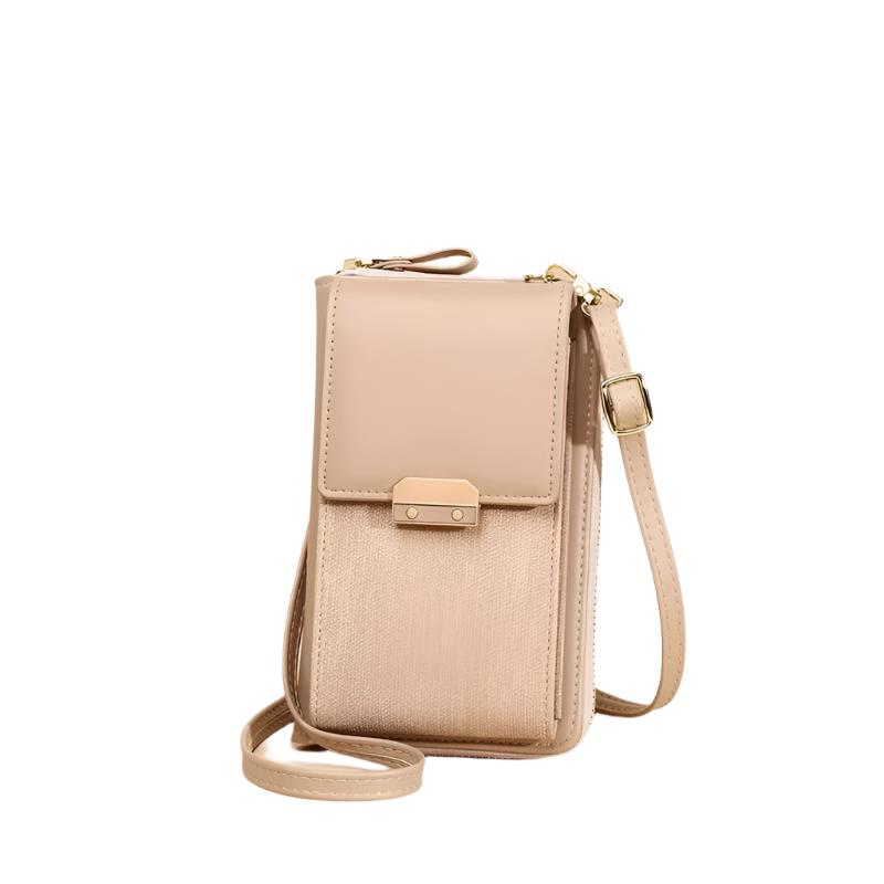 Borsa a tracolla beige in pelle sintetica, design compatto, chiusura a scatto, ideale per smartphone e accessori. Elegante e pratica per ogni occasione.