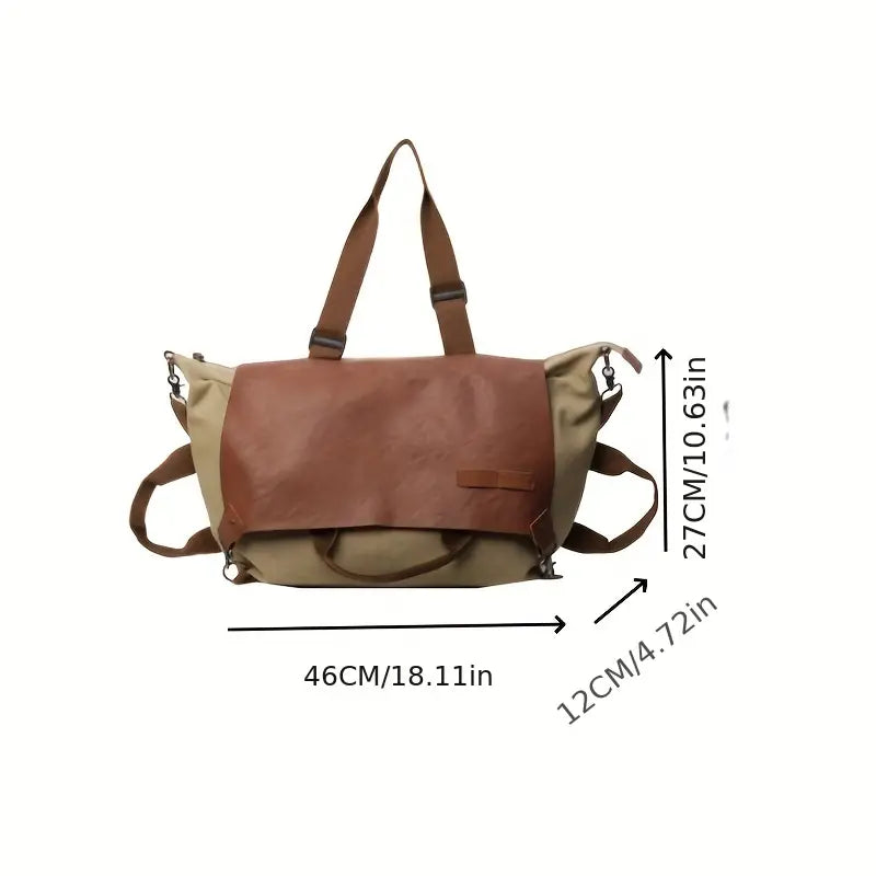Borsa a tracolla in tela e pelle marrone, dimensioni 46x12x27 cm, design unisex, ideale per viaggi e uso quotidiano. Tasche multiple, stile casual.