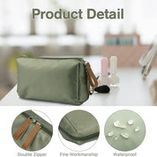 Borsa cosmetica verde impermeabile con doppia cerniera, dettagli raffinati, ideale per trucco e accessori. Design elegante e funzionale.