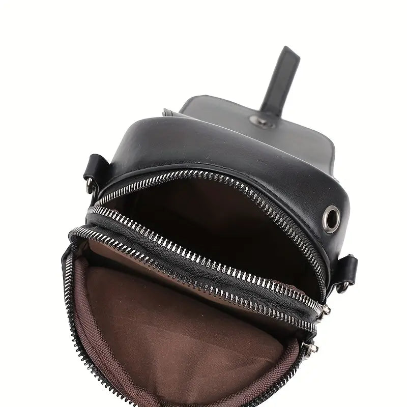 Borsa a tracolla in pelle nera con doppia cerniera aperta, interno marrone. Design elegante e pratico per uomo e donna. Accessorio moda versatile.