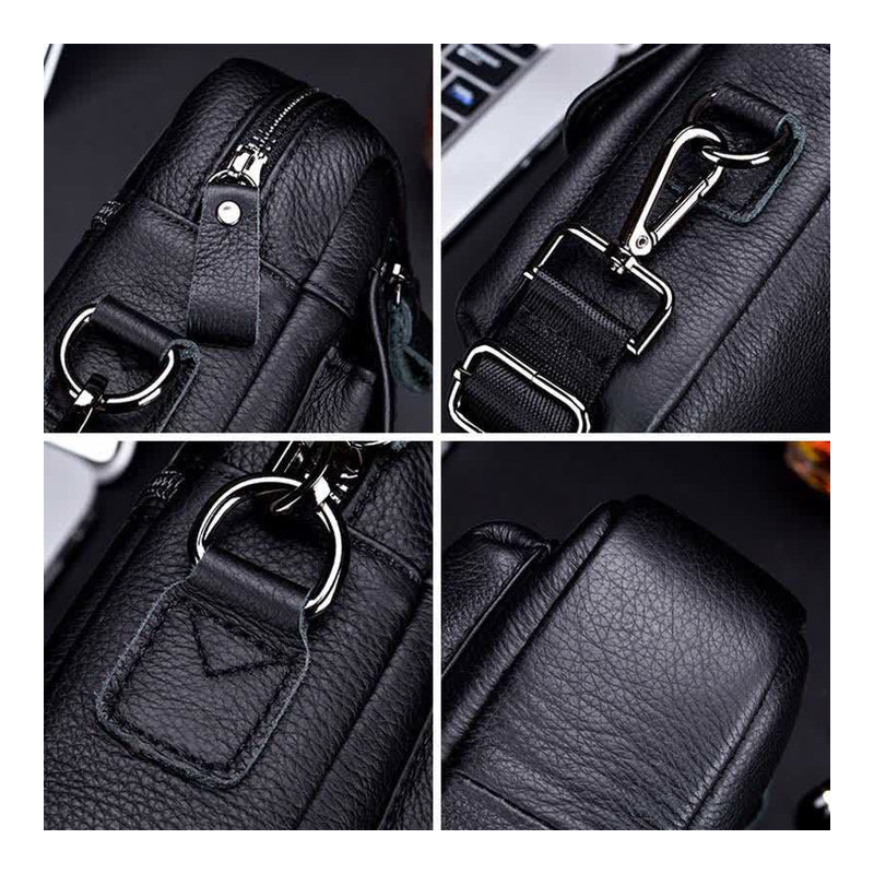 Borsa a tracolla in pelle nera, dettagli in metallo argentato, design elegante e resistente, ideale per laptop e uso quotidiano.