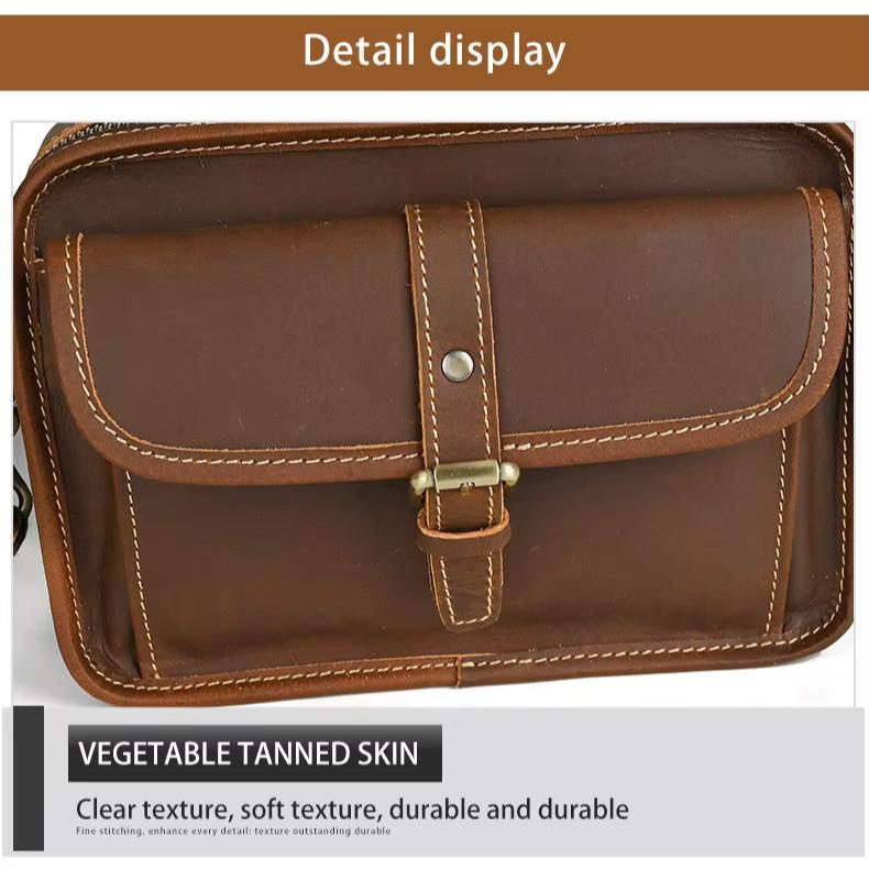 Borsa a tracolla in pelle marrone, con cuciture a vista, tasca frontale con fibbia. Pelle conciata al vegetale, resistente e durevole.