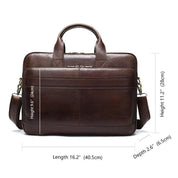 Borsa ventiquattrore in pelle marrone, dimensioni 40,5x28x6,5 cm, con tracolla regolabile e tasca frontale, ideale per lavoro e ufficio.