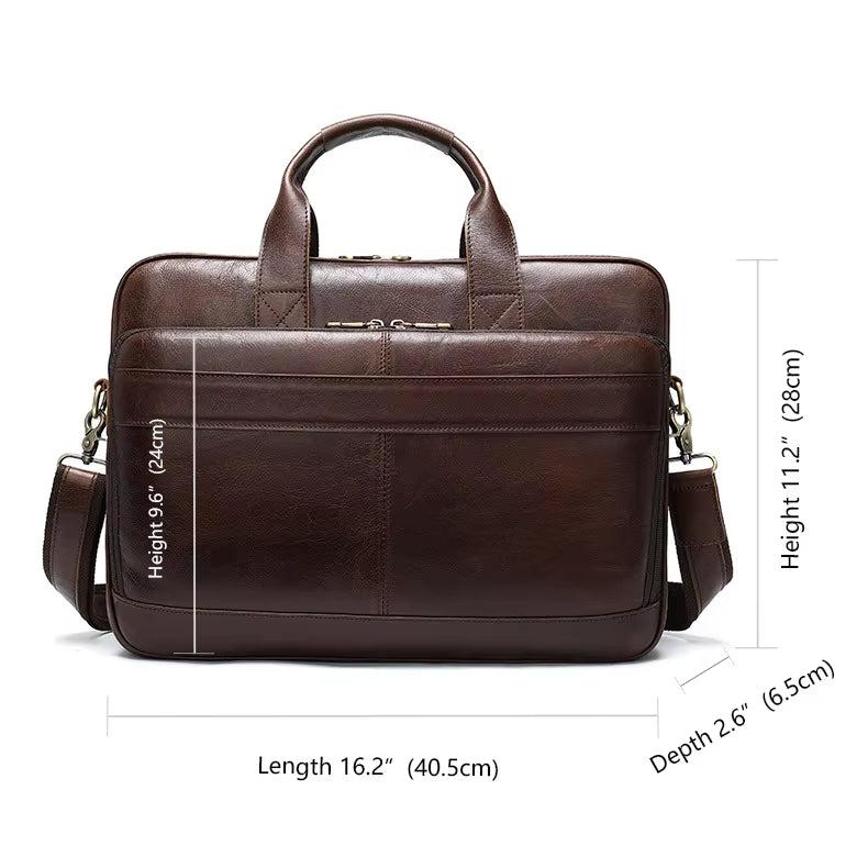 Borsa ventiquattrore in pelle marrone, dimensioni 40,5x28x6,5 cm, con tracolla regolabile e tasca frontale, ideale per lavoro e ufficio.