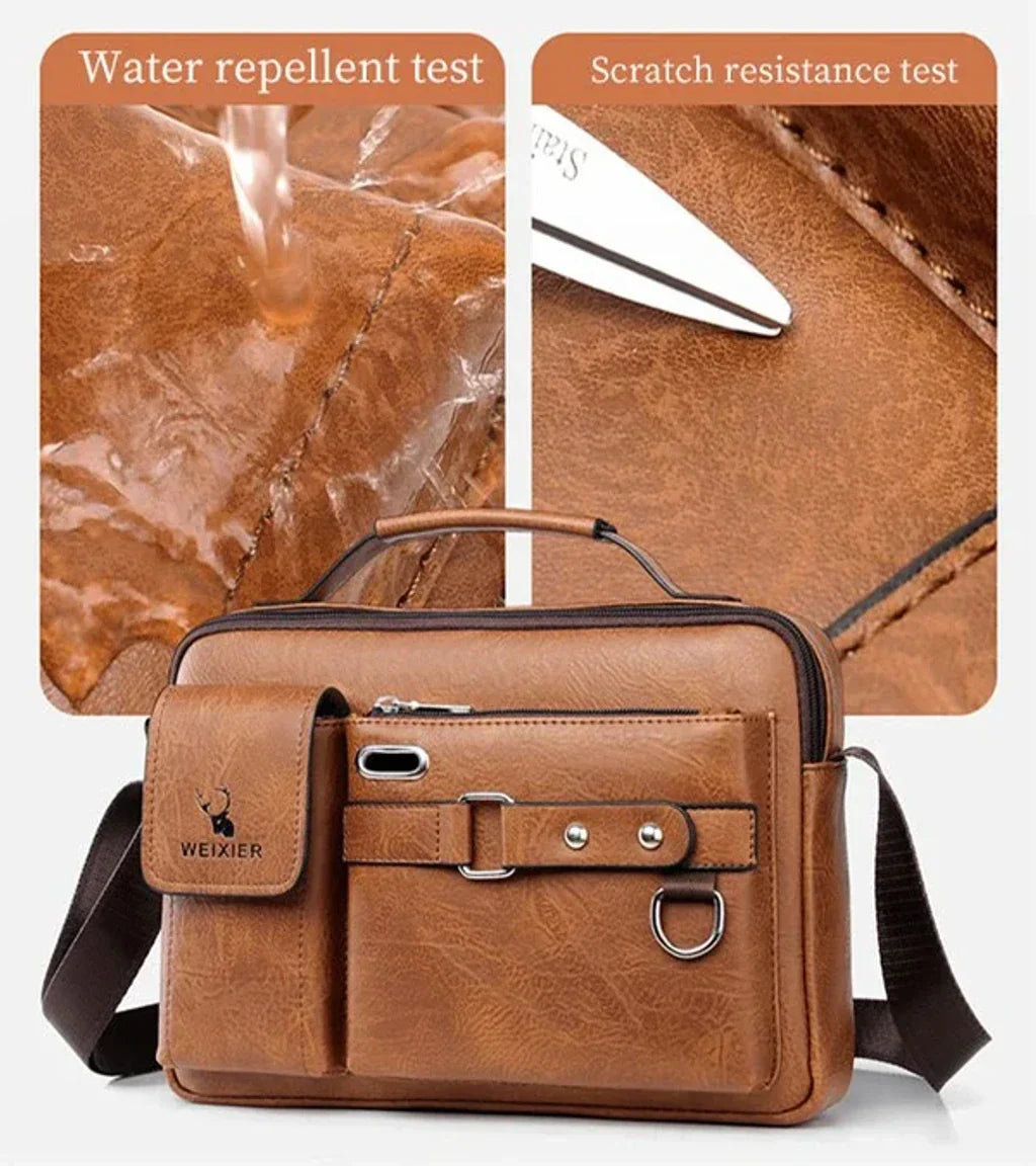 Borsa a tracolla in pelle marrone, resistente all'acqua e ai graffi, con tasche multiple e design elegante. Ideale per lavoro e viaggio.