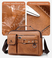 Borsa a tracolla in pelle marrone, resistente all'acqua e ai graffi, con tasche multiple e design elegante. Ideale per lavoro e viaggio.