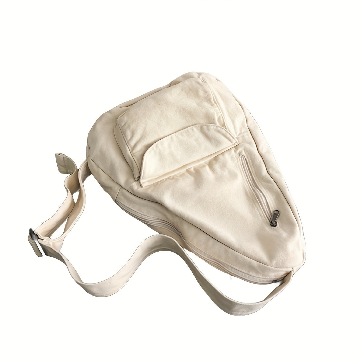 Zaino a tracolla bianco crema, design moderno, tasca frontale con zip, ideale per viaggi e uso quotidiano. Accessorio moda unisex.