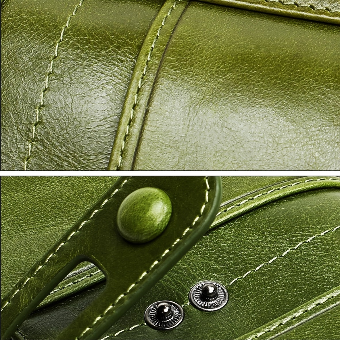 Borsa in pelle verde oliva con cuciture a vista e chiusura a bottone. Design elegante e moderno, ideale per moda e accessori di lusso.