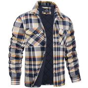 Camicia a quadri da uomo in flanella, colori blu, bianco e giallo, con fodera trapuntata. Ideale per l'inverno, stile casual e confortevole.