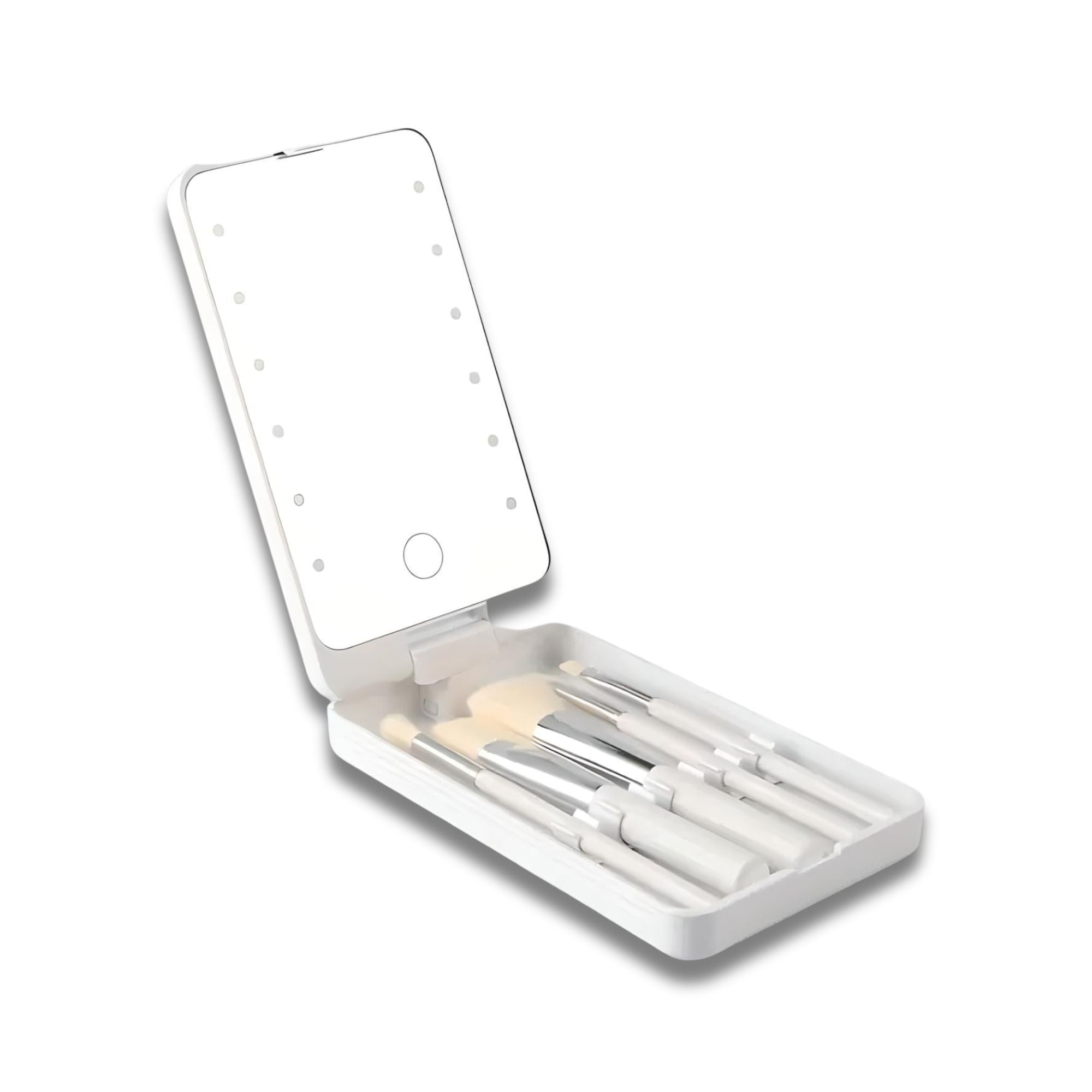 Set pennelli trucco con specchio LED portatile, custodia bianca compatta, ideale per viaggi, accessori bellezza, make-up professionale.