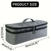 Borsa organizer grigia con doppia cerniera, manico superiore, dimensioni 39x14x14 cm. Ideale per viaggi, accessori, cosmetici.
