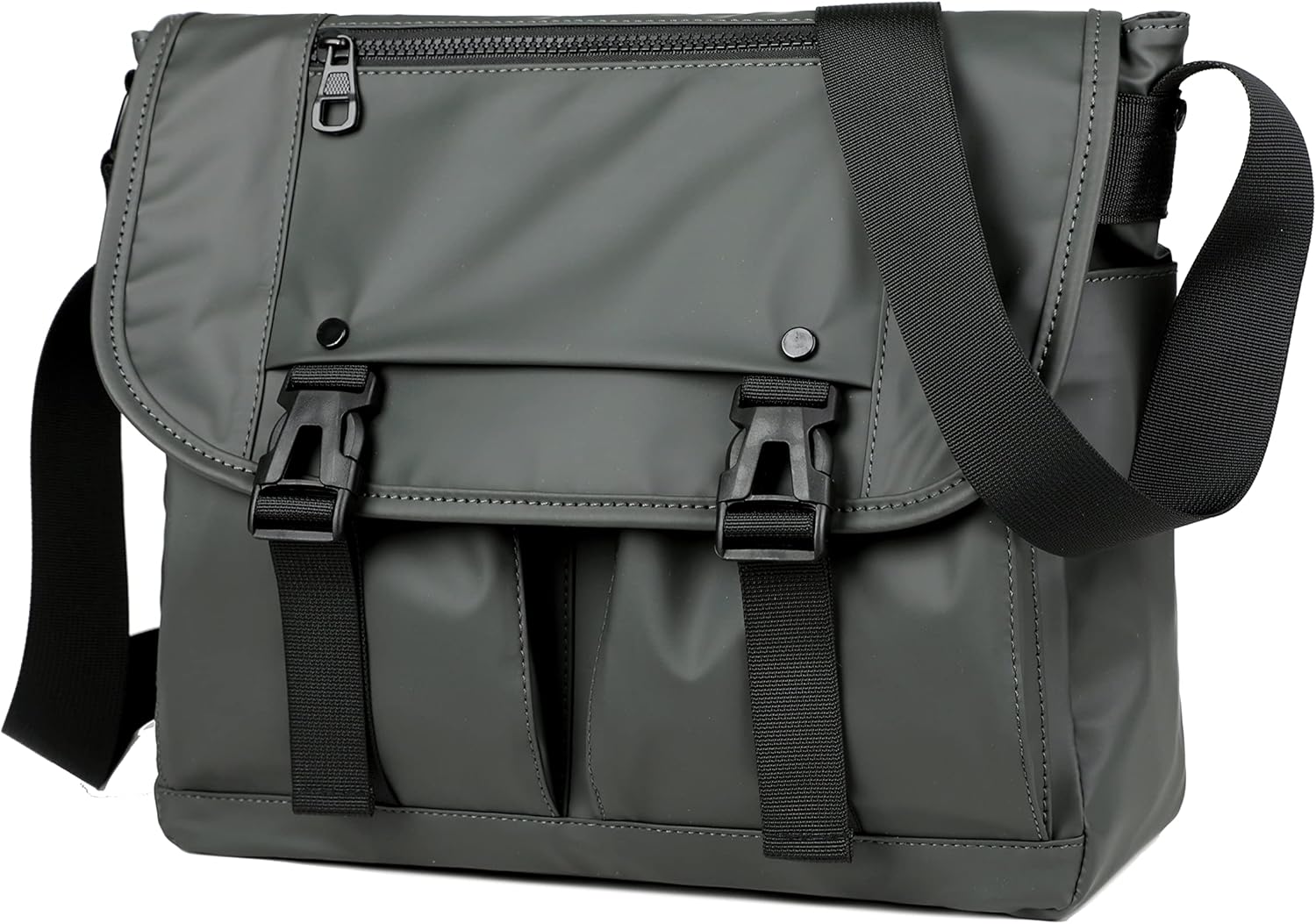 Borsa a tracolla impermeabile grigia con chiusure a fibbia, tasche frontali e cerniera superiore. Design moderno e funzionale per uomo e donna.