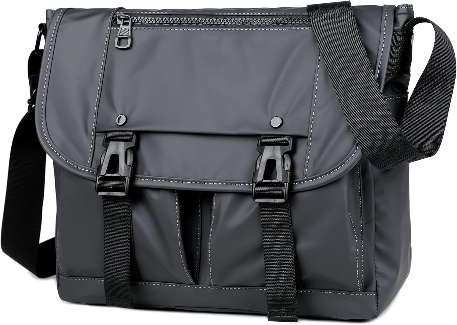 Borsa a tracolla nera in pelle sintetica con chiusura a fibbia, tasche frontali e cerniera superiore. Design elegante e funzionale per uomo e donna.