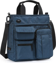 Borsa a tracolla blu in nylon impermeabile con tasche multiple, manici e tracolla regolabile. Design pratico e resistente per uso quotidiano.