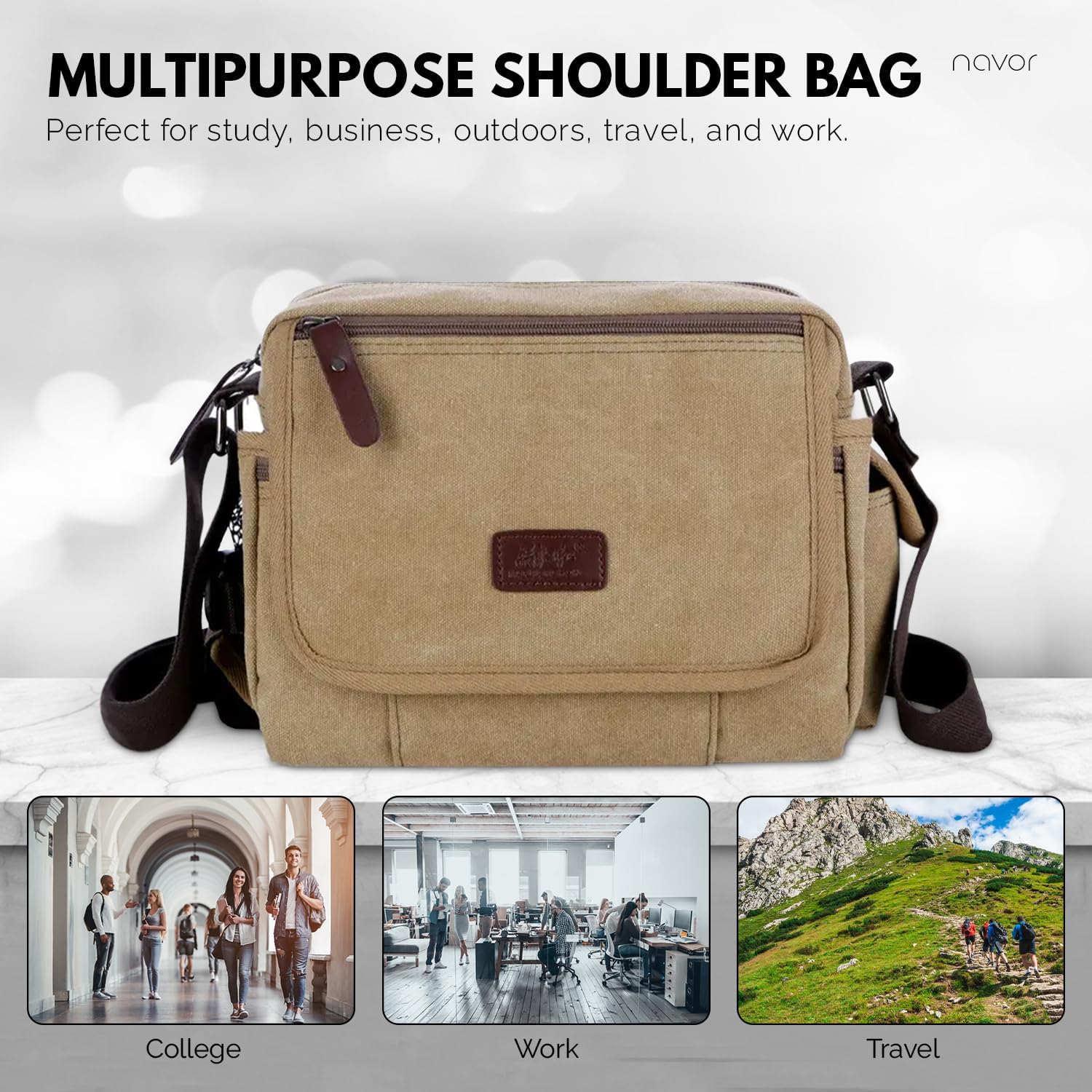 Borsa a tracolla multifunzione in tela beige con tasche, ideale per studio, lavoro, viaggi e attività all'aperto. Design pratico e resistente.