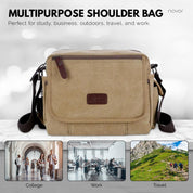 Borsa a tracolla multifunzione in tela beige con tasche, ideale per studio, lavoro, viaggi e attività all'aperto. Design pratico e resistente.